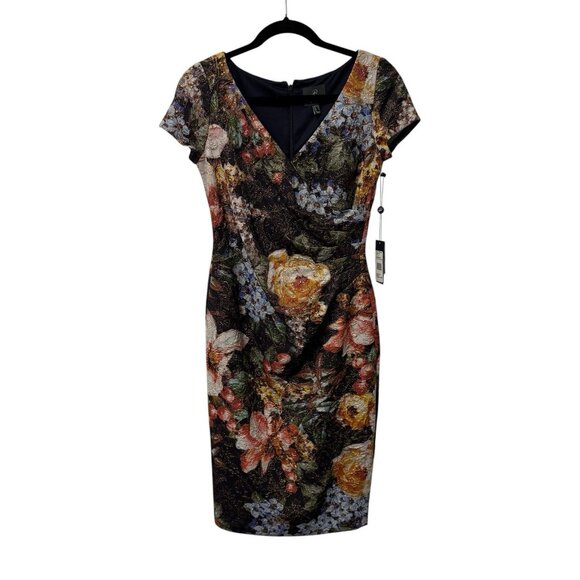 ADRIANNA PAPELL DRESS JACQUARD FLORAL ART TO WEAR COLORFUL SIZE 2 FAUX WRAP NEW - Picture 1 of 15